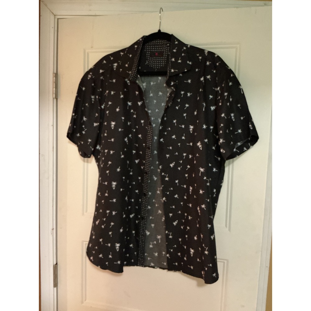 BC Collection Mens XL Black Palm Tree Print Short Sleeve Button Down Camp Shirt